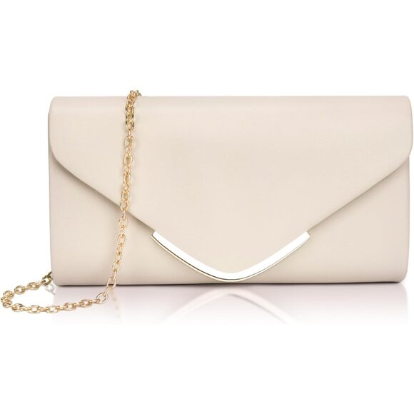 Nude Vegan Leather Envelope Clutch Purse for Women with Chain & Buckle - Picture 1 of 7
